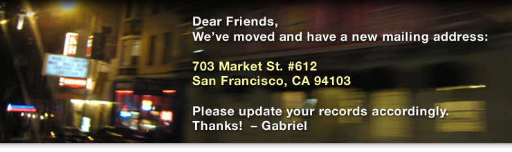 Serafini Studios is moving back to the California Bay Area. Our new address is 703 Market St #612, San Francisco, CA 94103